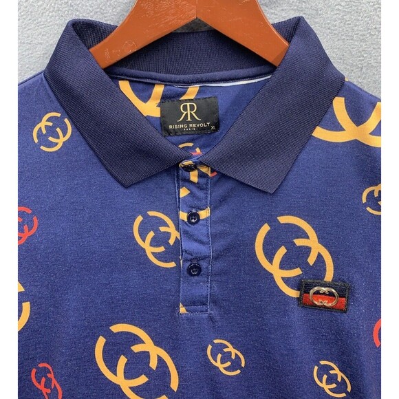 Rising Revolt Polo Shirt Men's Size XL Blue Short Sleeve Allover Geometric Logo - Picture 7 of 11